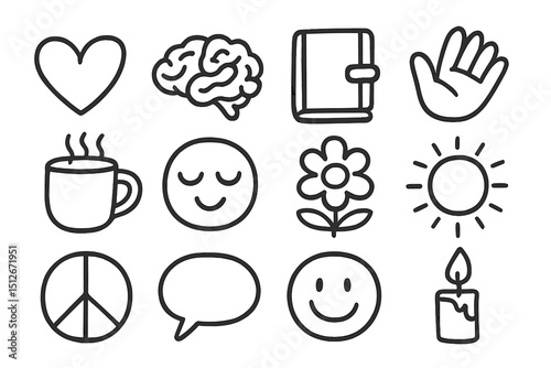 Simple hand-drawn icons: heart, brain, emotions, nature, peace, and more