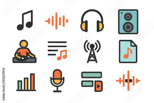 Music icons collection featuring dj, headphones, and sound wave designs