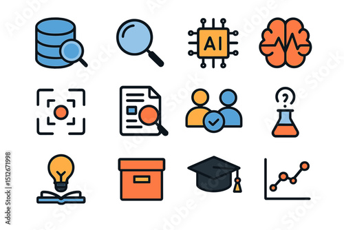 Collection of technology and science icons with ai brain and magnifying glass