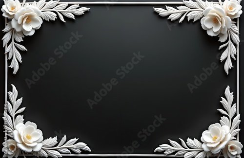 Elegant black background features intricate white floral border. Perfect for invitations weddings formal event designs. Floral pattern, decor for luxury cards, announcements art. Classic template for