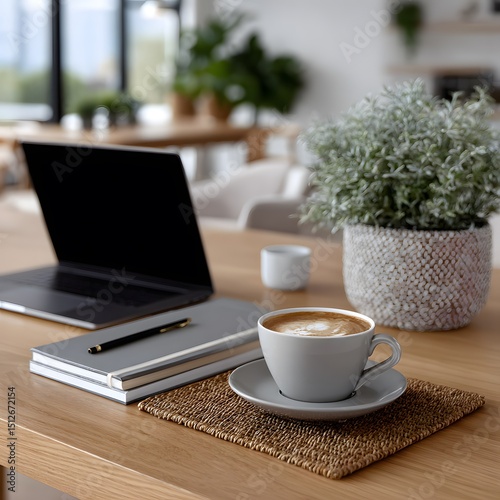 Laptop, coffee, and notebooks on a light wooden table