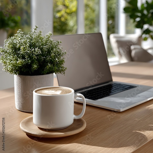 Laptop, coffee, and plant on a wooden desk