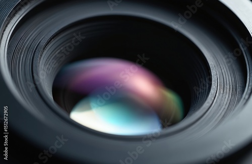 Macro shot of a camera lens aperture showing blades and colorful reflections. Technical photo details equipment, photography tech, design features. Camera lens aperture, sharp focus, depth of field.
