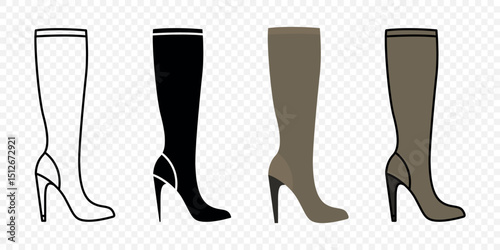 Womens High Heel Boots Icon Set. Outline, Silhouette, Flat and Colored Style Fashion Shoes Collection for Autumn and Winter, Stylish Female Footwear Design. Vector Illustration