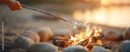 Close-up of a child’s hand holding a stick with toasted marshmallow over a campfire. Concept of childhood and camping.