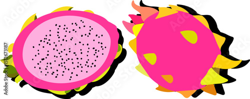 Minimal vector of a sliced and a whole dragon fruit with pink skin and white flesh, flat style perfect for exotic or tropical themes.