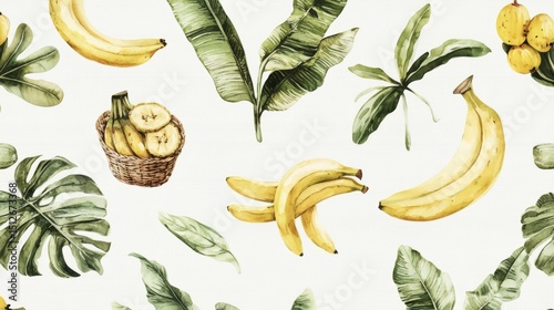Painting of bananas and leaves with a basket of bananas in the middle. The painting has a tropical feel to it