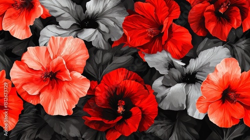 Painting of red and gray flowers with a black background. The flowers are arranged in a way that creates a sense of depth and movement. The colors of the flowers