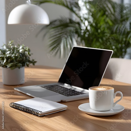 Laptop, coffee, notebook on light wooden desk