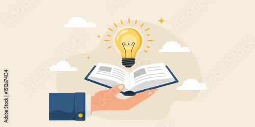 Knowledge or education, study or learning new skill, creativity or idea, reading book for inspiration, discover solution or literature, wisdom concept, hand hold open book to discover lightbulb 