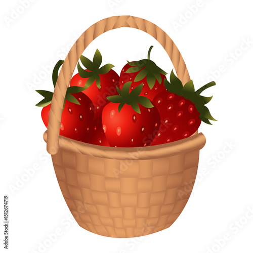 Large wicker basket full of ripe red strawberries. Vector illustration isolated on white background.