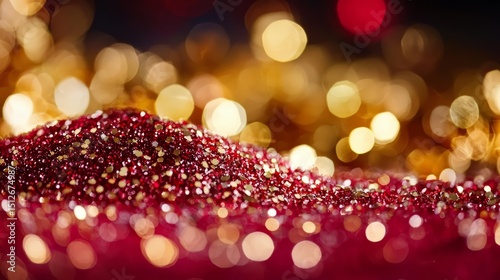 Pile of red glitter on a table. The glitter is scattered and the table is surrounded by a blurry background. Concept of playfulness and whimsy, as the glitter seems to be dancing