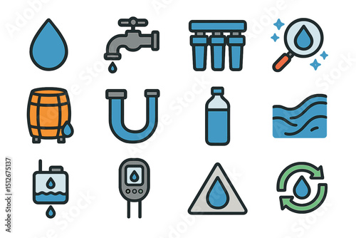 Water icons collection featuring filtration drop and recycling symbols