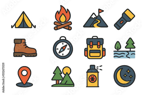 Camping adventure icons: tent, campfire, backpack, and nature elements