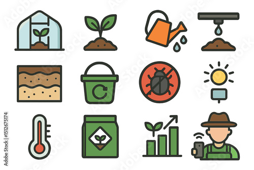 Gardening icons set: greenhouse, watering can, seedling, farmer, growth chart