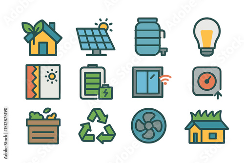Eco-friendly icons set featuring solar panels, recycling, and energy efficiency symbols