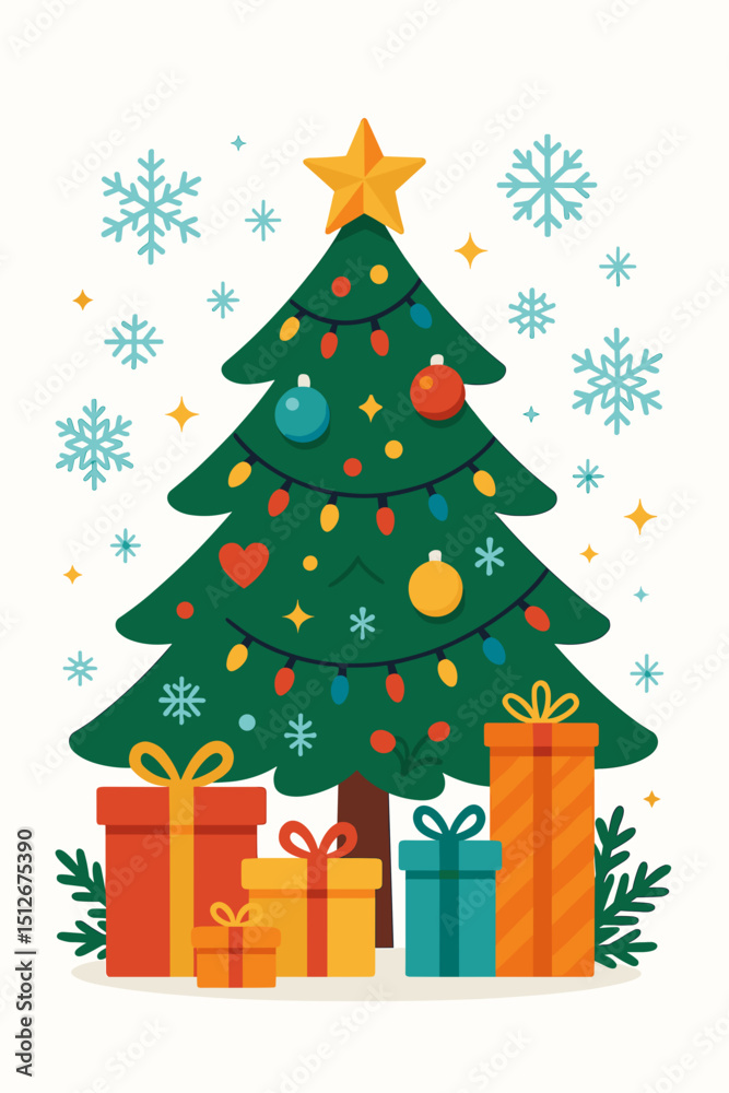 Naklejka premium Decorated Christmas tree with gifts and snowflakes illustration