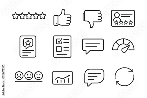 Minimalistic black icons for feedback and reviews on a gray background
