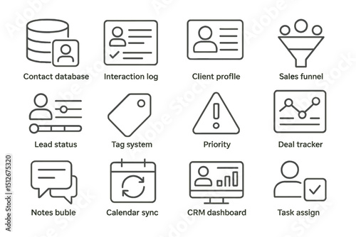 Business icons: crm, sales funnel, client profile, task assign, data management