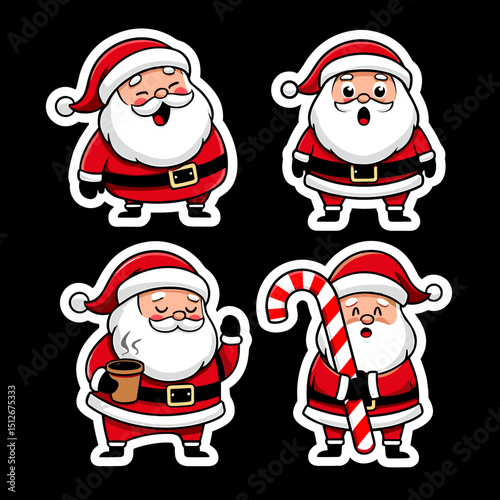 Cartoon Santa Claus set with candy cane, mug, and poses