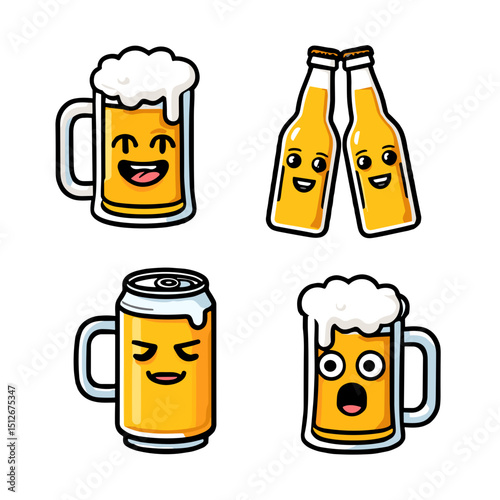 Cartoon beer bottles, mugs, and cans with funny faces