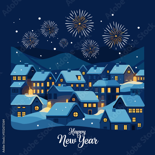 Snowy village with fireworks at night on New Year’s Eve