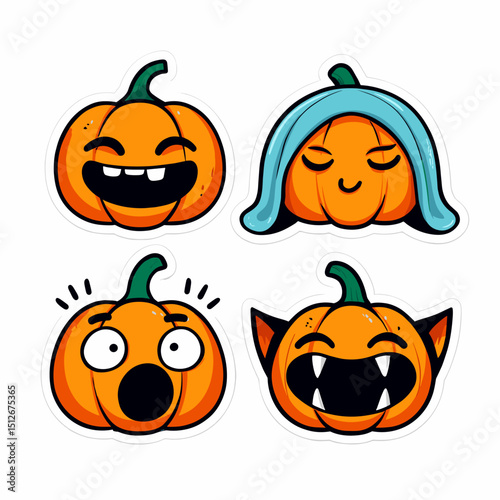 Cartoon pumpkins with funny faces in Halloween expressions