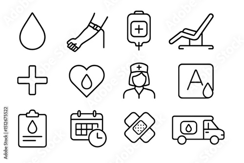 Blood donation icons set with medical equipment and healthcare symbols