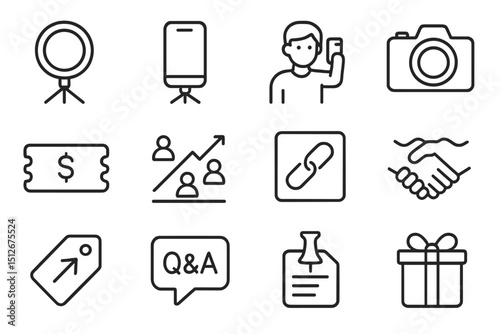 Icon set featuring camera, ticket, handshake, gift, and more symbols