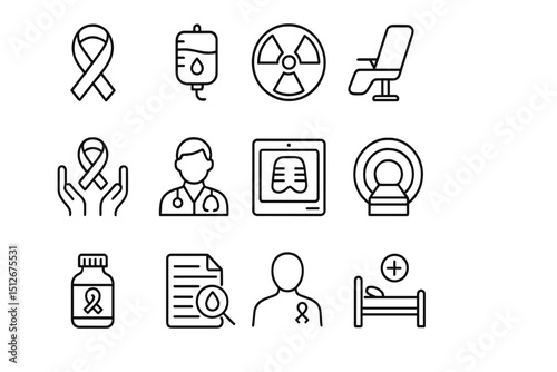 Cancer awareness icons: ribbon, treatment, health, doctor, medicine