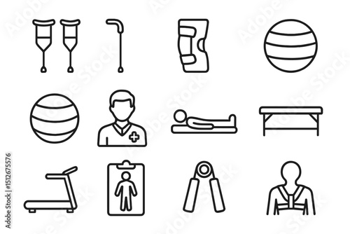 Outline icons of physical therapy and rehabilitation equipment