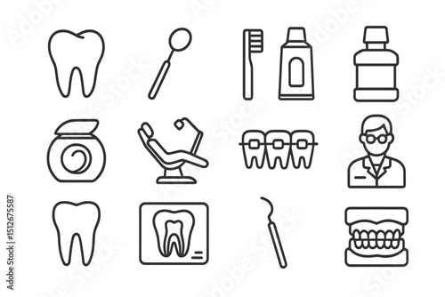 Dental care icons set with toothbrush, toothpaste, and dentist tools