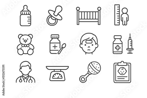 Pediatric care icons: toys, medicine, doctor, baby bottle, syringe