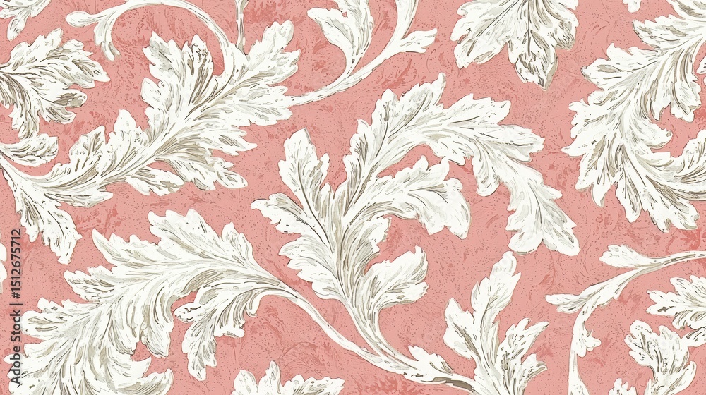 Pink and white floral wallpaper with leaves and flowers. The design is very intricate and detailed. The color scheme is soft and elegant, giving the room a warm and inviting atmosphere Pink and white floral wallpaper with leaves and flowers. The design is very intricate and detailed. The color scheme is soft and elegant, giving the room a warm and inviting atmosphere