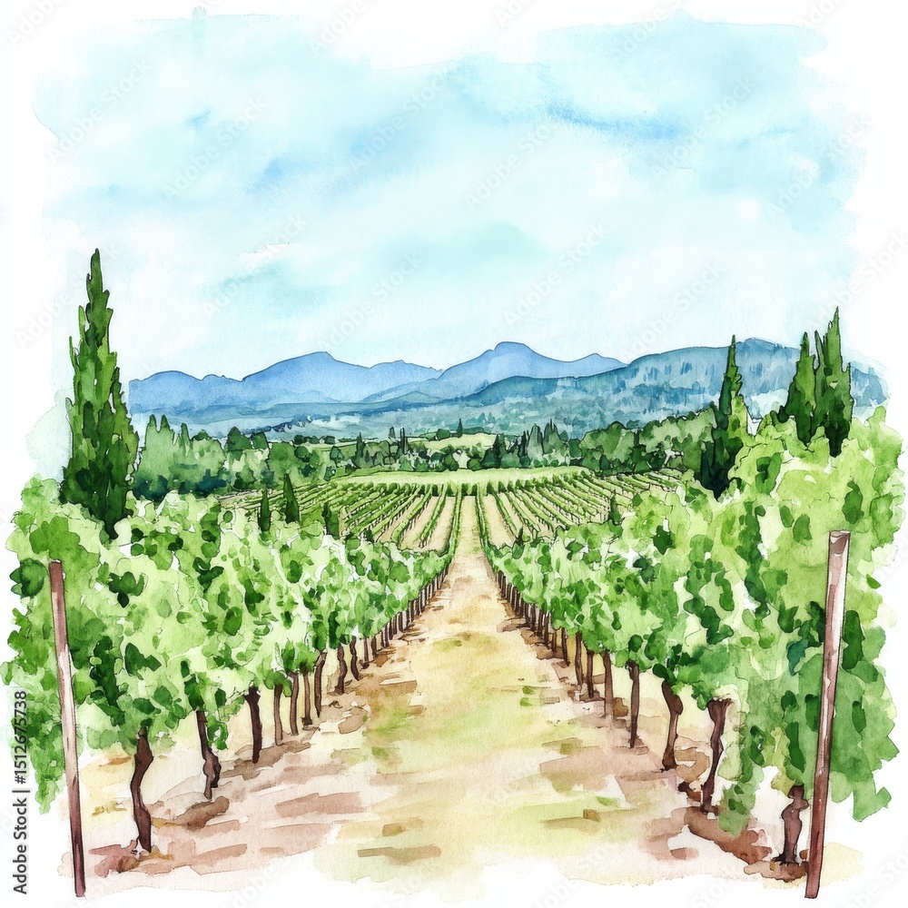 Obraz premium Watercolor artwork portraying a scenic vineyard with lush grapes and rolling hills