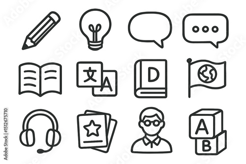 Education icons set: pencil, book, headphones, language, globe, blocks