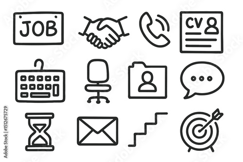 Job search icons: applications, resumes, networking, interviews, success