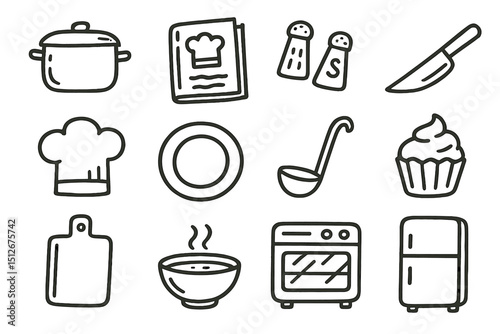 Collection of kitchen utensils and cooking icons on green background