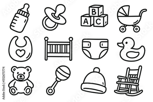 Baby essentials icons set with toys, clothing, and accessories