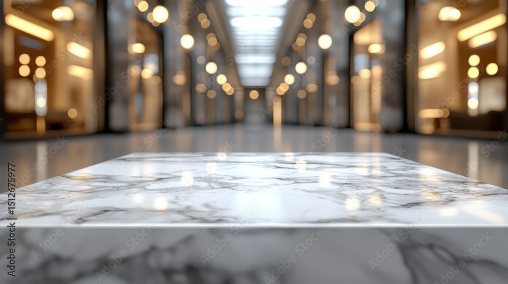 Obraz premium Marble surface overlooks blurred, lit hallway.