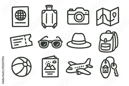Travel icons: passport, luggage, camera, map, ticket, sunglasses, hat, backpack