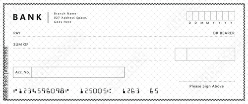 Bank check, vector blank money cheque, checkbook template with guilloche pattern and fields. Currency payment coupon, money check background