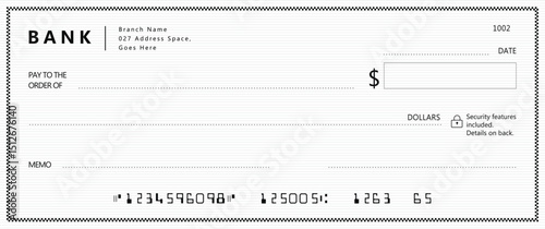 Bank check, vector blank money cheque, checkbook template with guilloche pattern and fields. Currency payment coupon, money check background