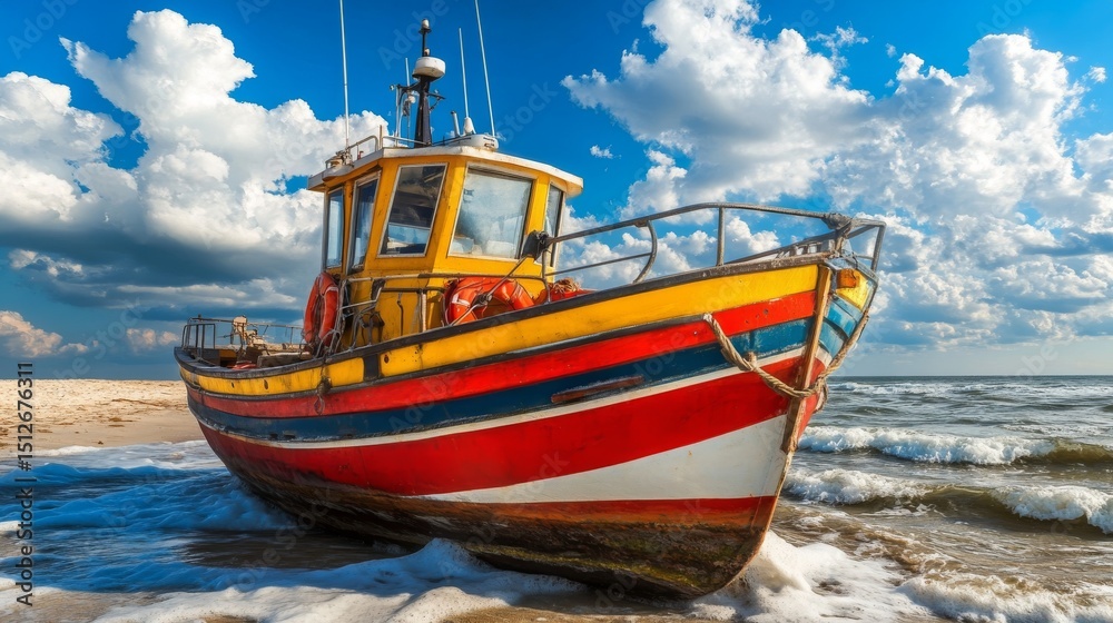 Fototapeta premium The hull of a small fishing boat, painted in blue and white, protrudes from the sandy beach as waves caress it, set against a brilliant blue sky