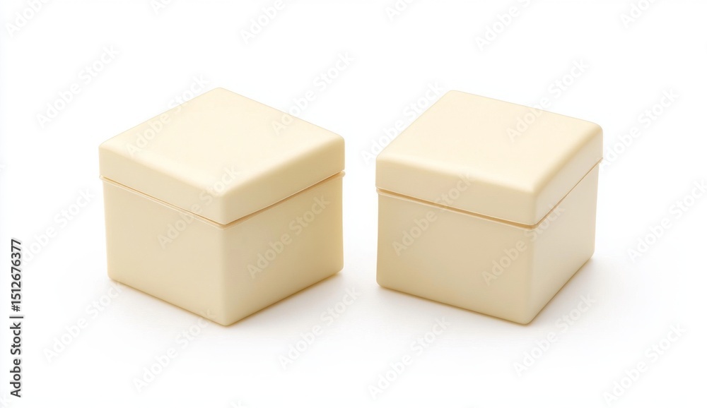Fototapeta premium Two foam blocks, colored light beige, are stacked on a white background in a straightforward studio photograph that highlights their texture
