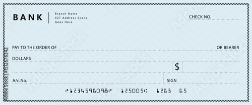 Bank check, vector blank money cheque, checkbook template with guilloche pattern and fields. Currency payment coupon, money check background