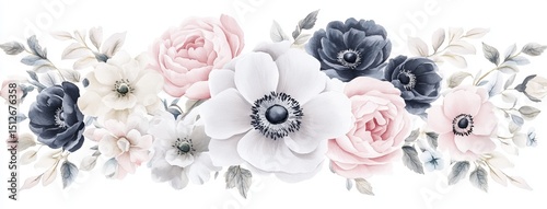 The watercolor painting features a delicate floral arrangement consisting of blush pink and navy blue flowers, accompanied by gray blue leaves, and the flowers are