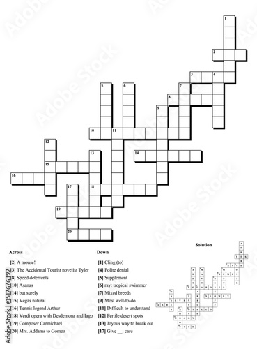 Crossword puzzle game with clues and solution.