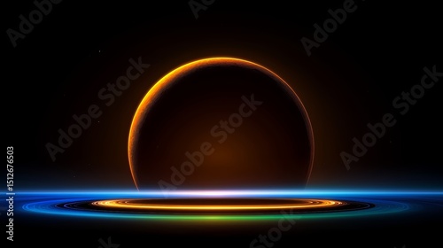 Planet with a bright orange spot in the center. The planet is surrounded by a dark background