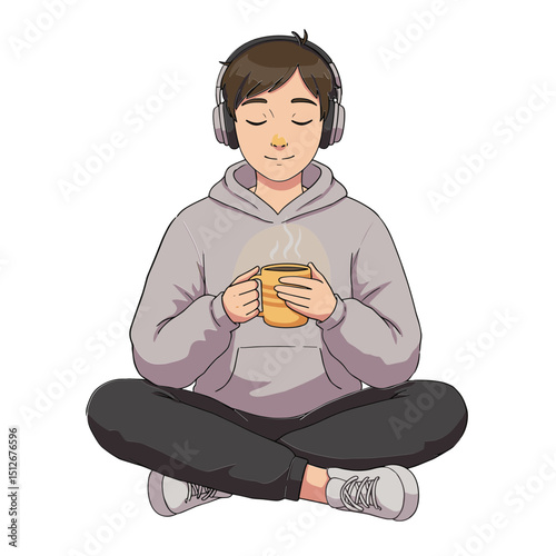 Young man sitting with headphones and mug in hand